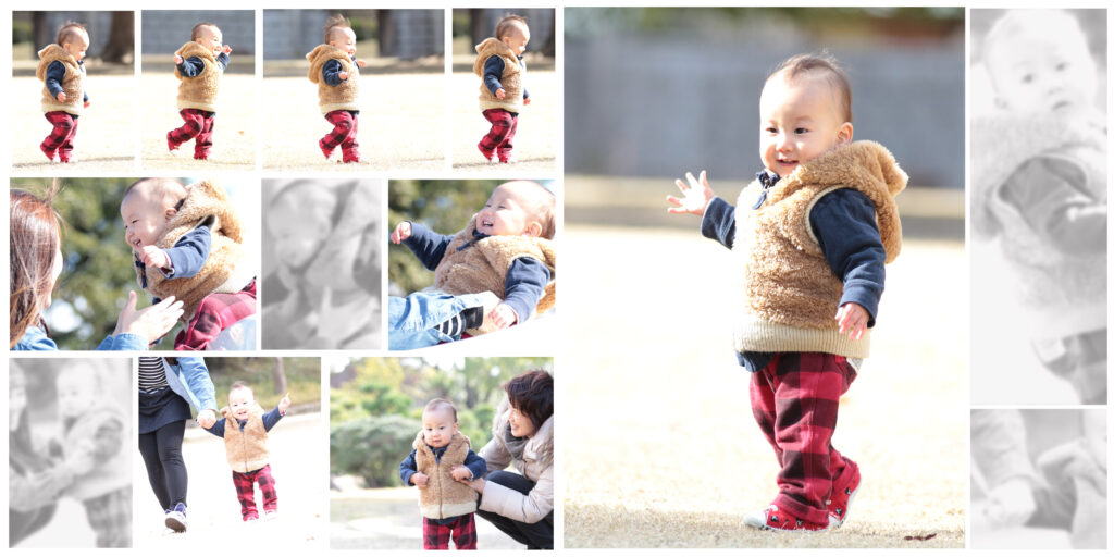 ママの写真教室で教える　公園写真の撮り方例　連続写真のデザインアルバム　自然な光を意識